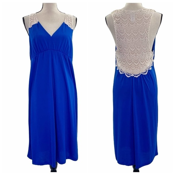 SOLID Royal Blue Crochet Knit Yoke Back V-Neck Sleeveless Mini Dress - Picture 1 of 12